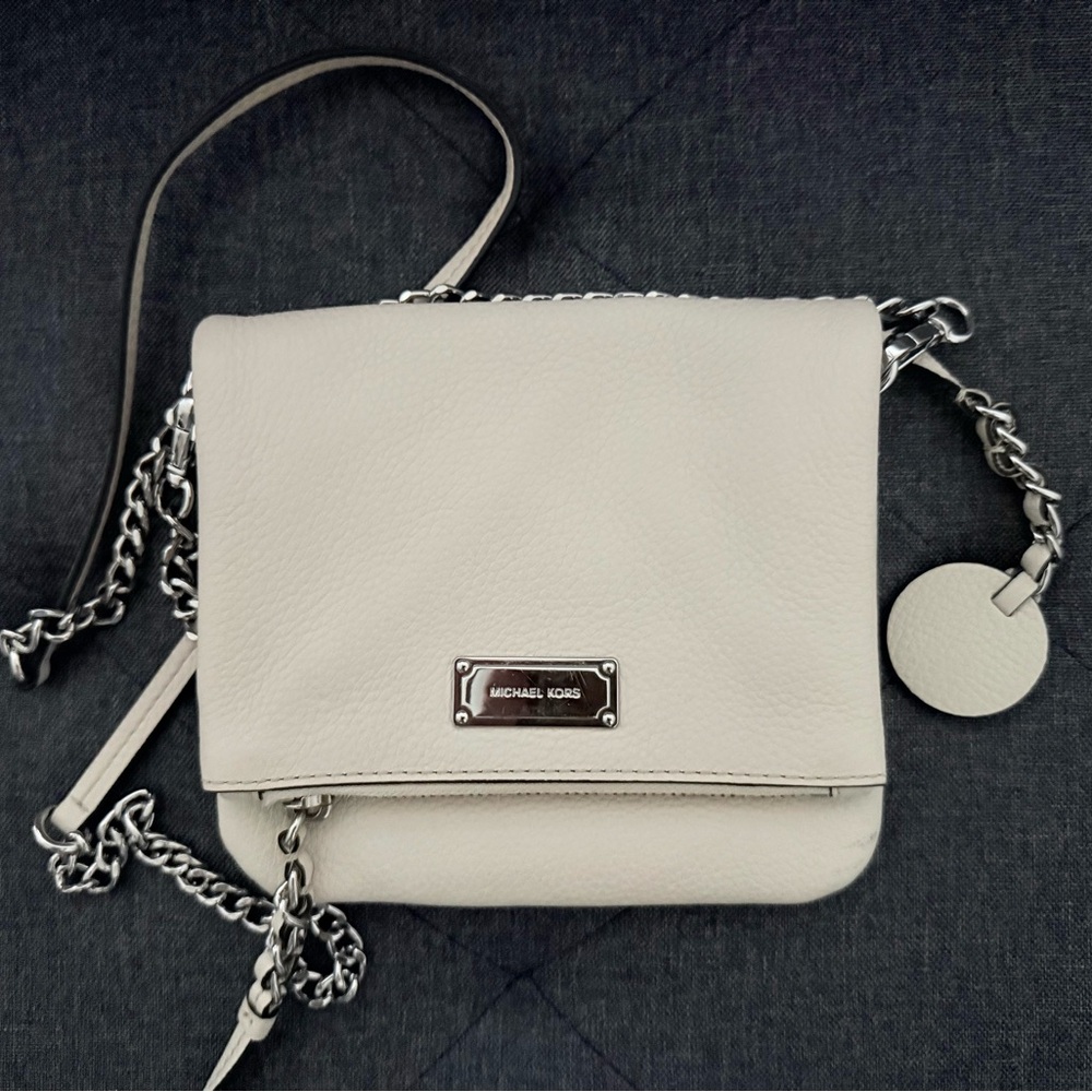 Michael Kors Cream Pebbled Leather Crossbody with Silver Hardware